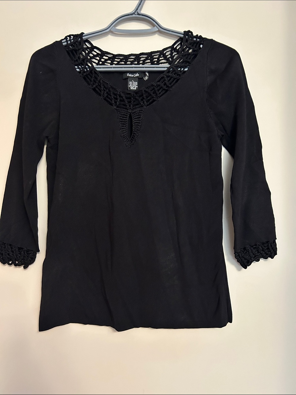 Dolce Cabo Black Crochet-Trim 3/4 Sleeve Tunic Top
